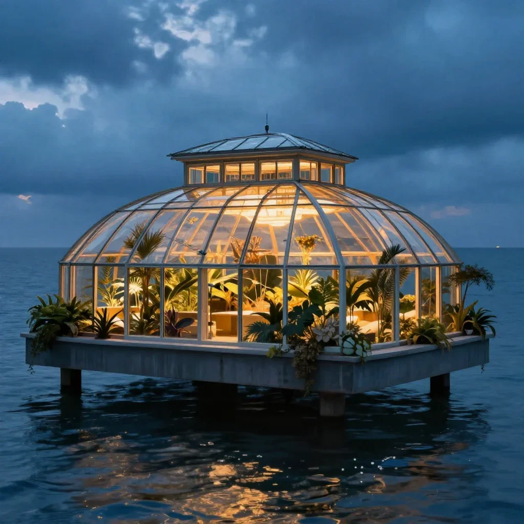 a floating botanical conservatory in a gentle sea breeze, cinematic architectural photography, clean natural textures, c