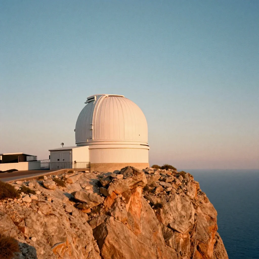 a cliffside observatory during golden hour, soft-grain analog film photography, restrained color harmony, ochre and ultr