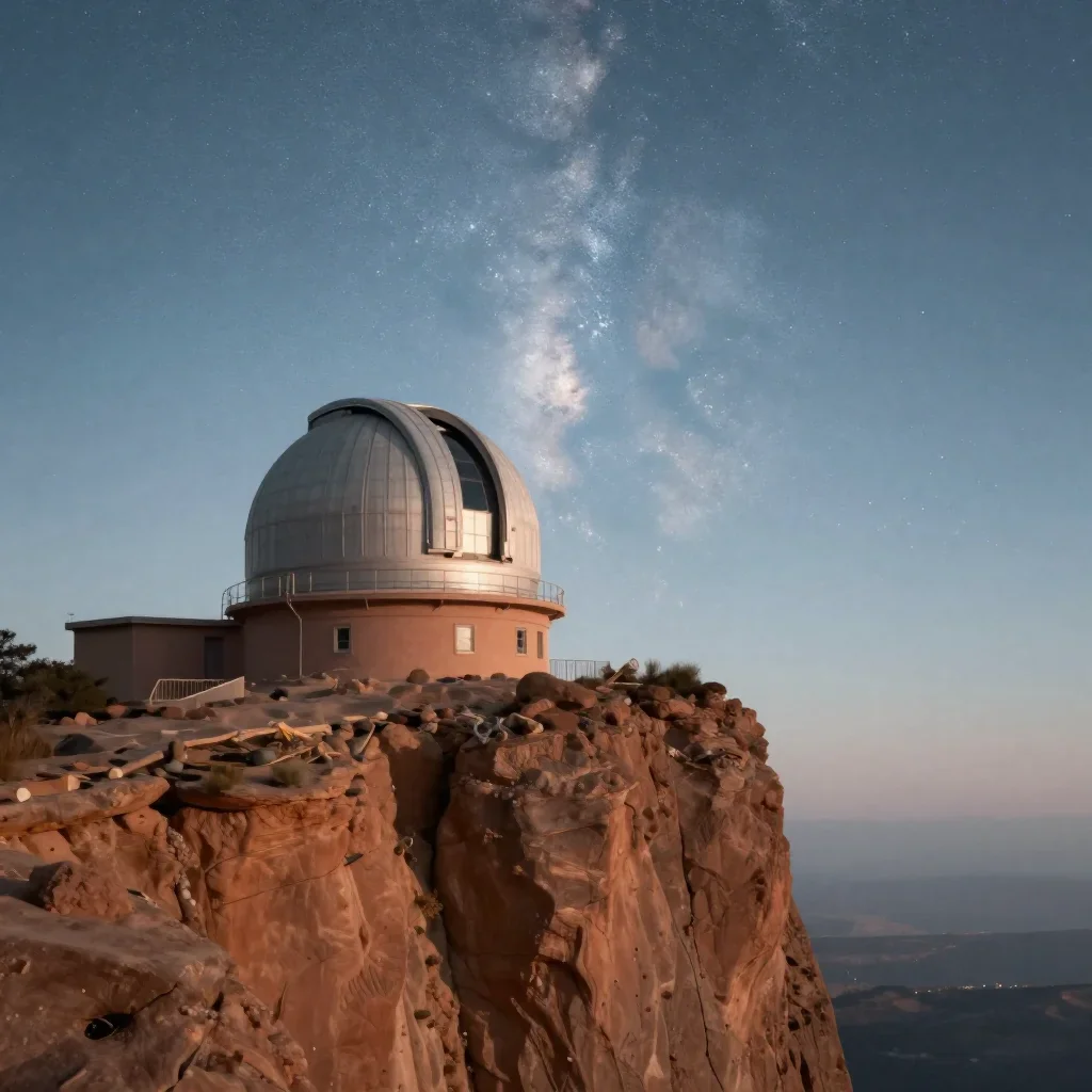 a cliffside observatory beneath a star-filled sky, quiet science-fiction concept art, atmospheric depth, terracotta and