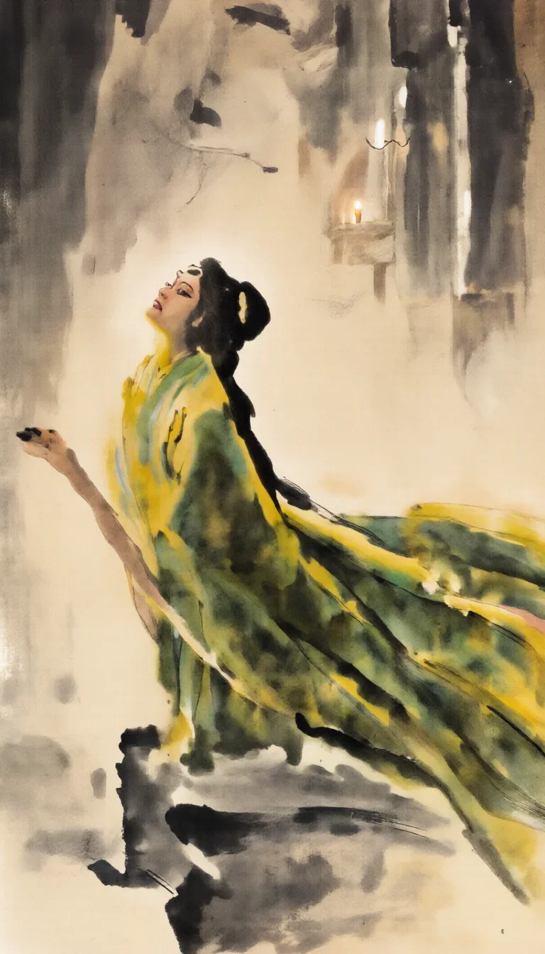 a spectral fox-spirit woman in an ink wash in a low lunge with a lifted chin, in a candle-lit cathedral ruin, cinematic 