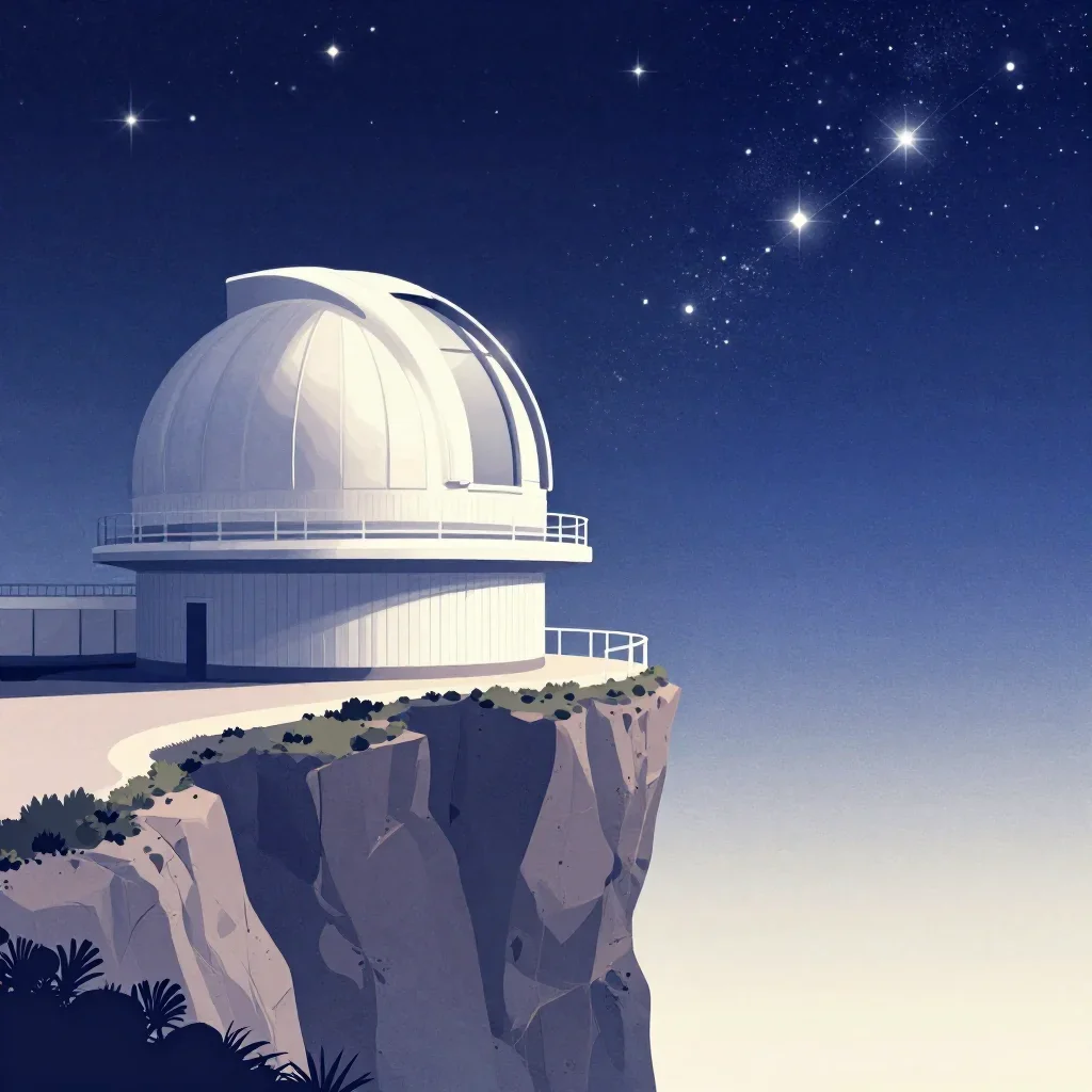 a cliffside observatory beneath a star-filled sky, modernist poster illustration, gentle reflected light, indigo and pea