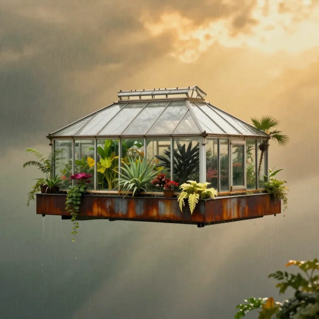 a floating botanical conservatory after warm summer rain, dreamlike fine-art landscape photography, calm negative space,