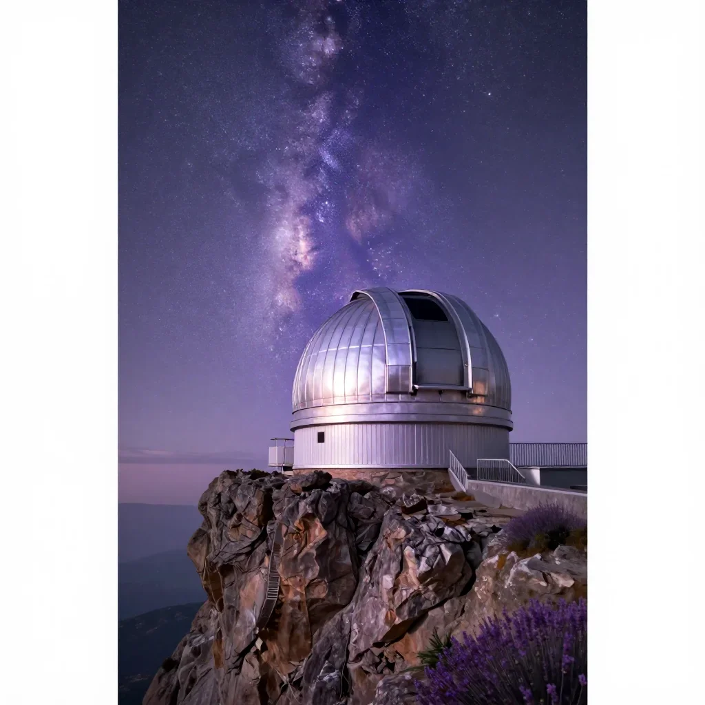 a cliffside observatory beneath a star-filled sky, dreamlike fine-art landscape photography, gentle reflected light, lav
