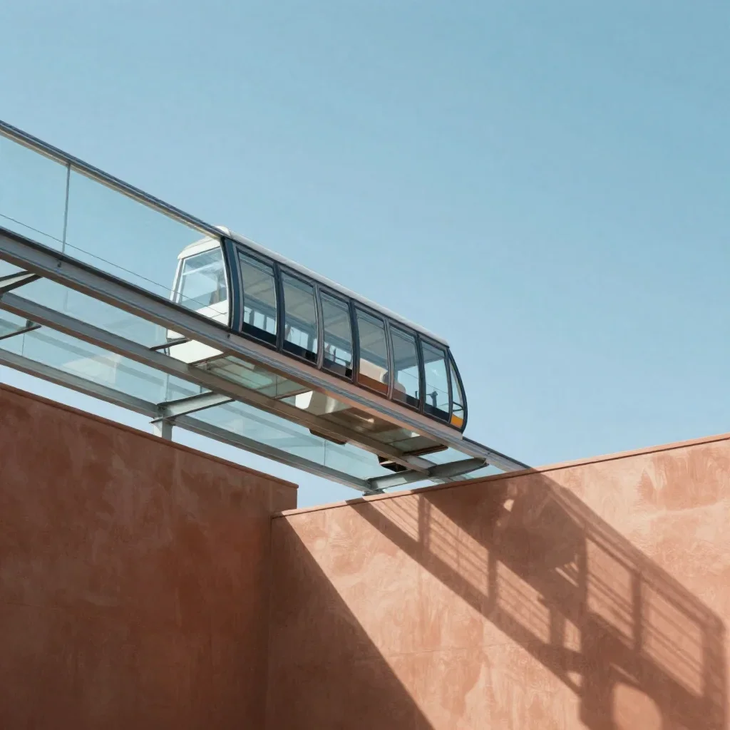 a glass monorail in crisp winter sunlight, museum-quality still-life photography, careful geometric composition, terraco