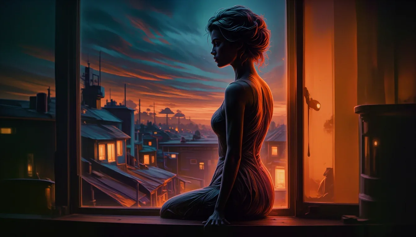 a muse on a rooftop at dusk in a body-con dress in a seated silhouette against a window, on a neon-lit rooftop at midnig