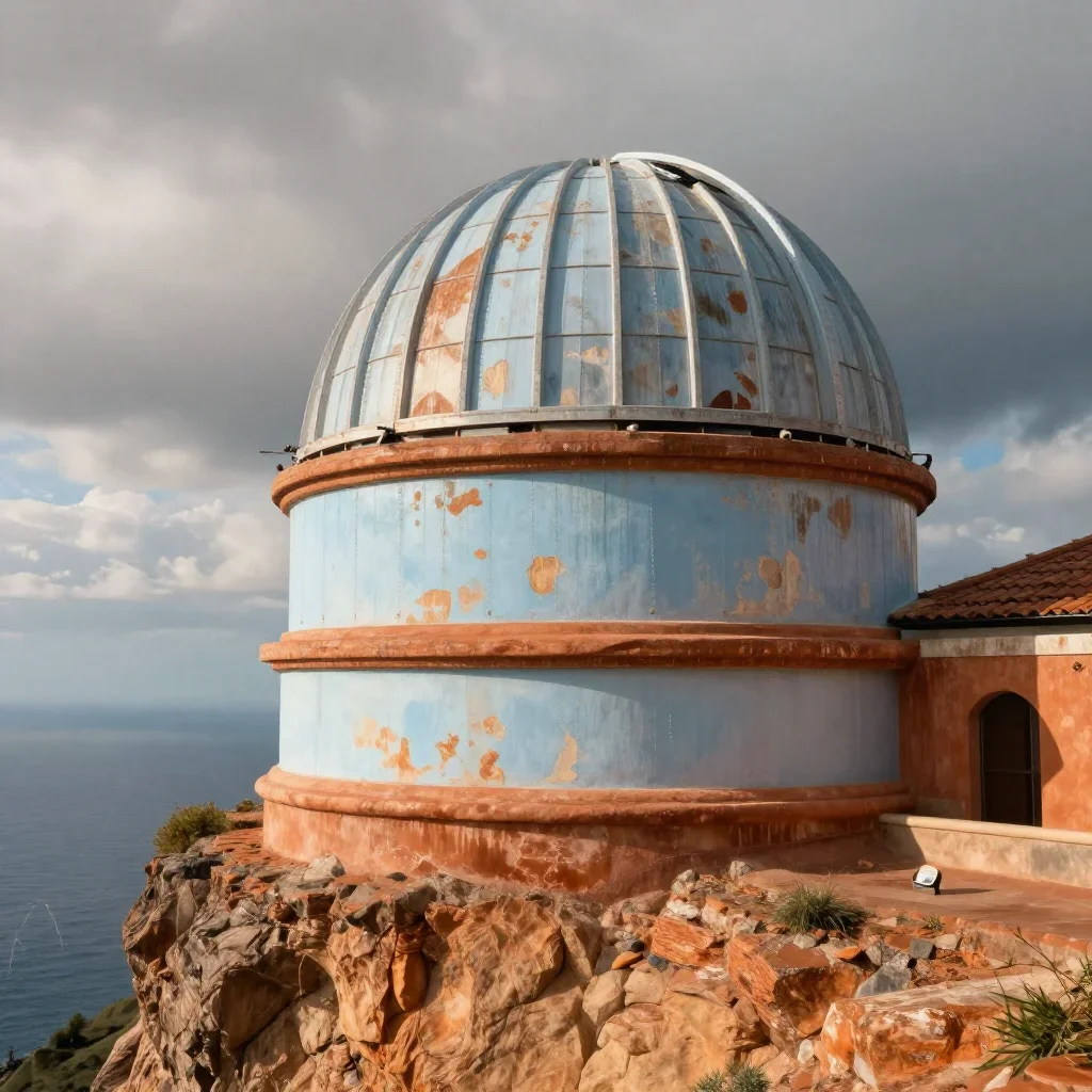 a cliffside observatory after warm summer rain, cinematic architectural photography, weathered tactile surfaces, terraco