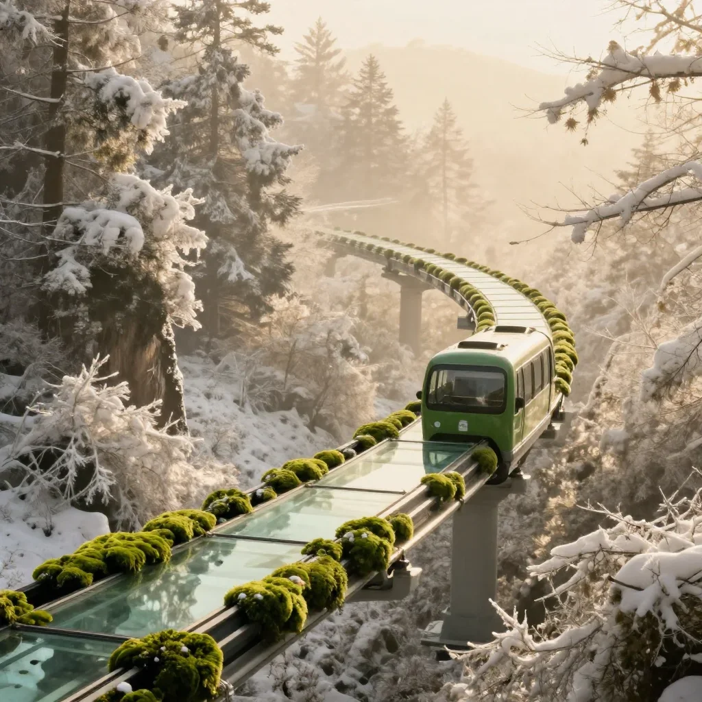 a glass monorail in crisp winter sunlight, dreamlike fine-art landscape photography, atmospheric depth, moss green and c
