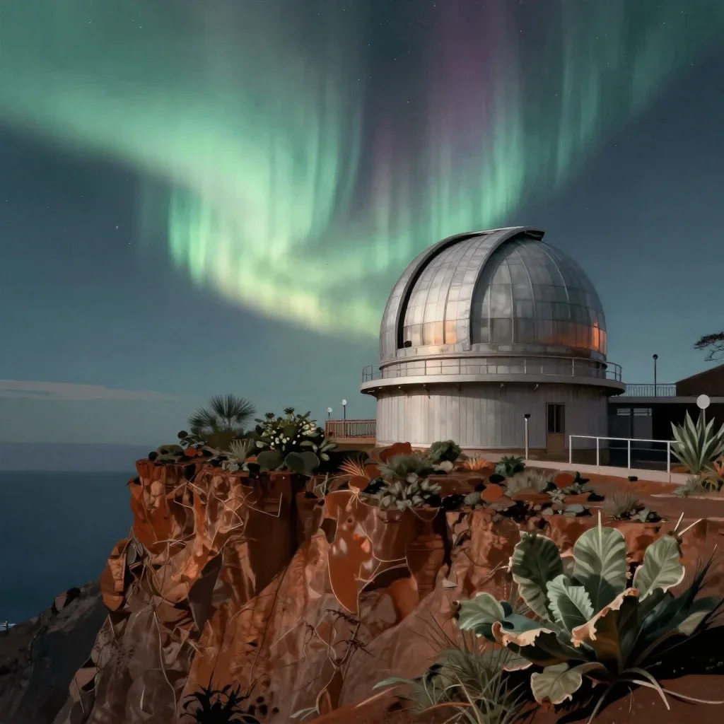 a cliffside observatory beneath an aurora, contemporary botanical illustration, soft volumetric light, rust and sage pal