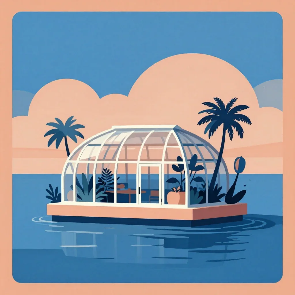a floating botanical conservatory in a gentle sea breeze, modernist poster illustration, calm negative space, ochre and 
