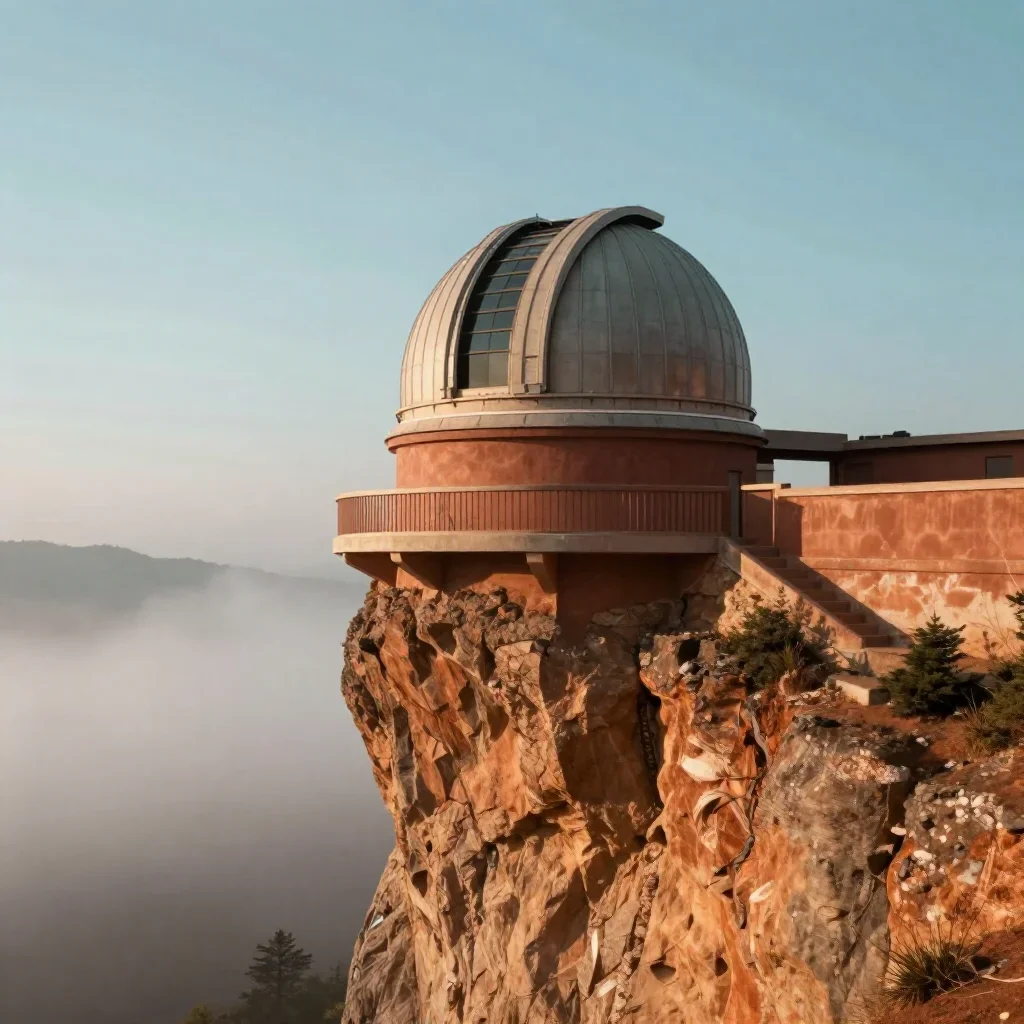 a cliffside observatory in early spring mist, cinematic architectural photography, restrained color harmony, terracotta 