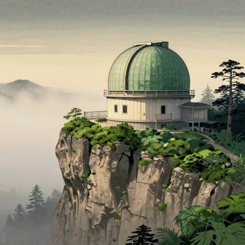 a cliffside observatory under soft dawn fog, Japanese woodblock-inspired editorial art, weathered tactile surfaces, moss green and cream palette, no people, no text, no logo, no watermark