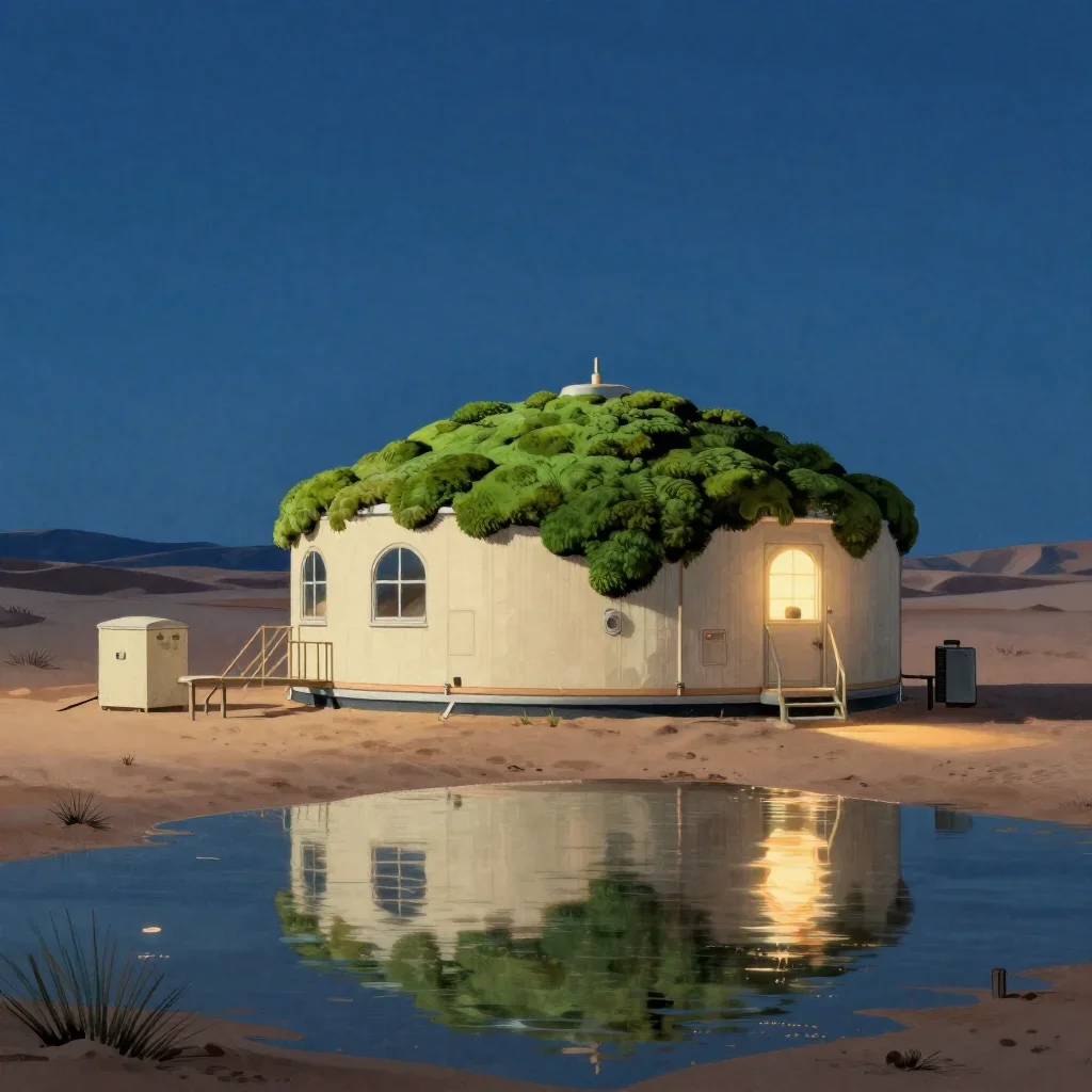 a desert research station at blue hour, Japanese woodblock-inspired editorial art, gentle reflected light, moss green an