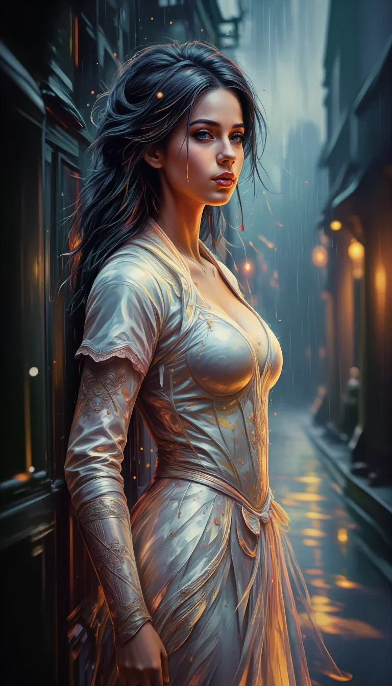 a warrior queen in ornate gilded armor in a wind-swept lean against a wall, in a rain-slick neon alley, mythology-inspir