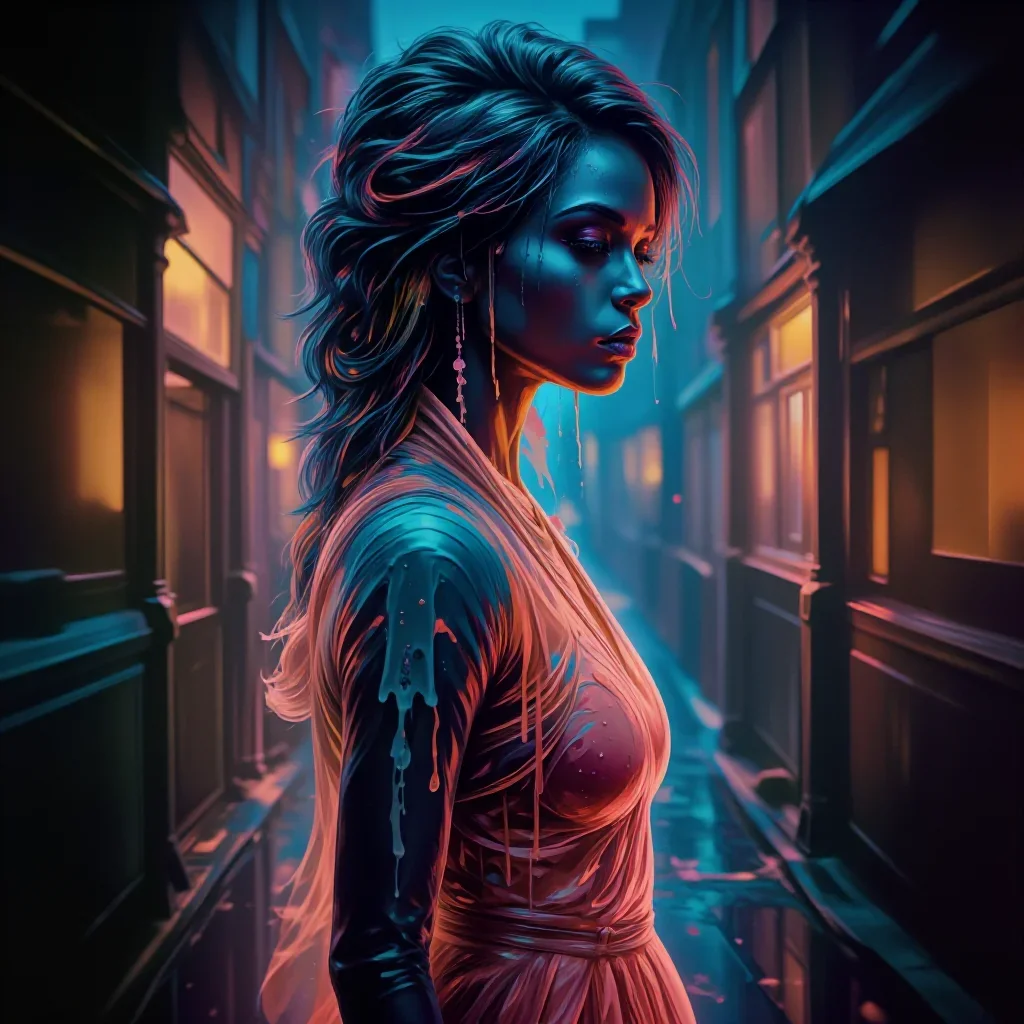 a couture catwalk muse with razor cheekbones in a dramatic three-quarter profile, in a rain-slick neon alley, Wong Kar-w