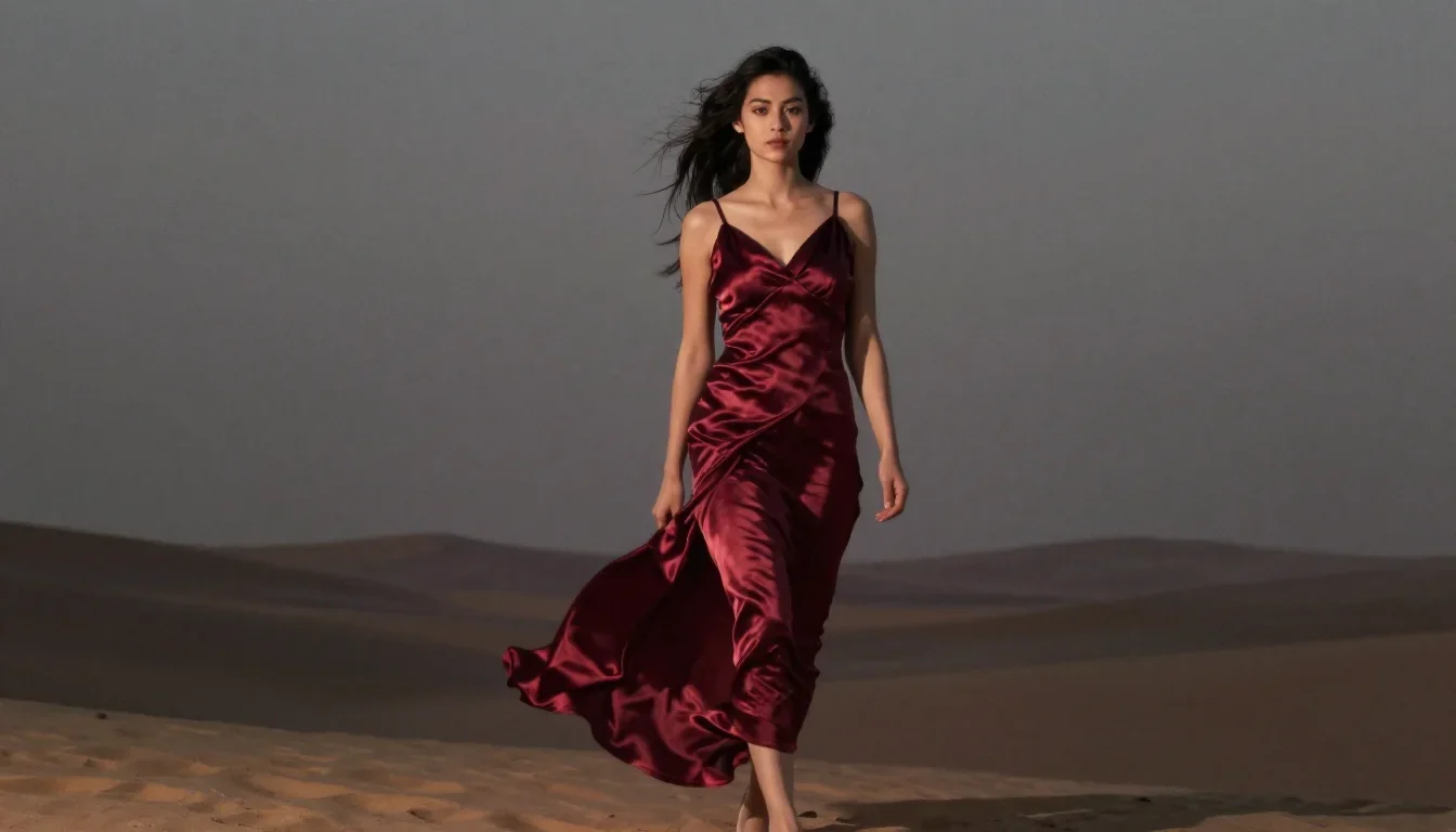 a young woman in a flowing silk gown in a confident cinematic stride, in a silent desert at twilight, dreamlike fantasy 