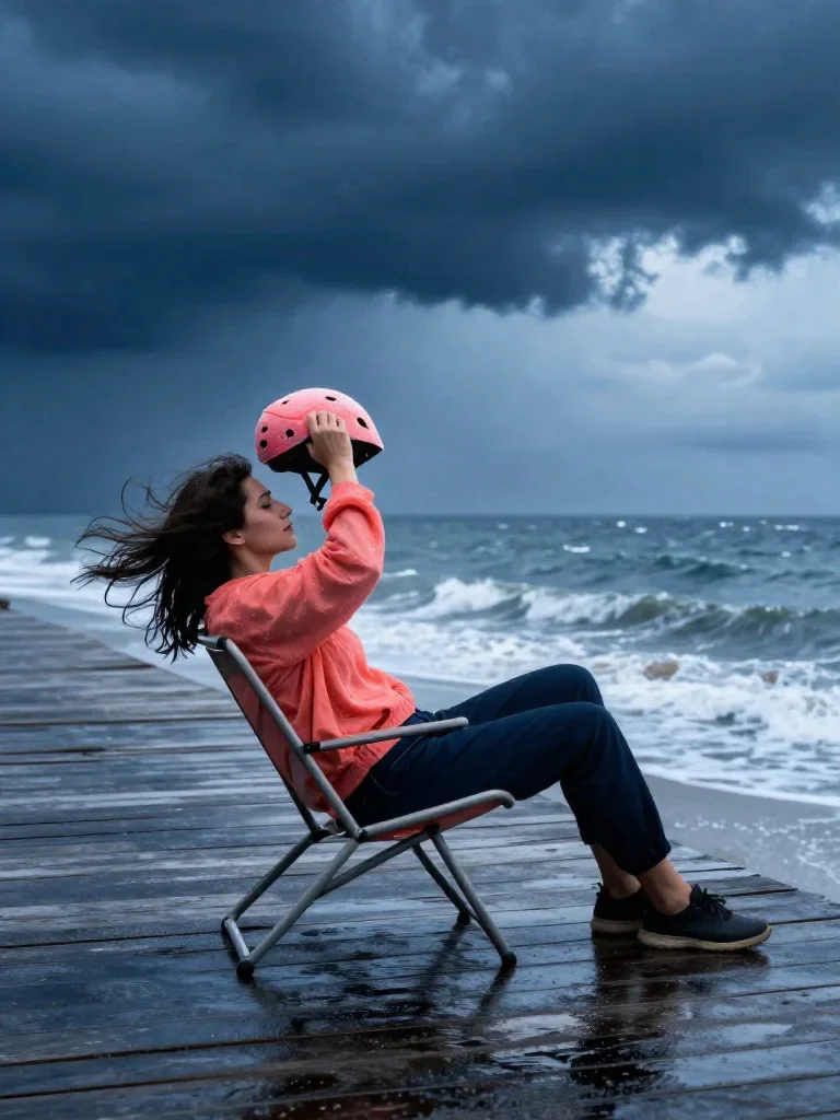 a rider removing a helmet, flushed and windblown reclining elegantly on a chaise, on a storm-washed boardwalk, dreamlike