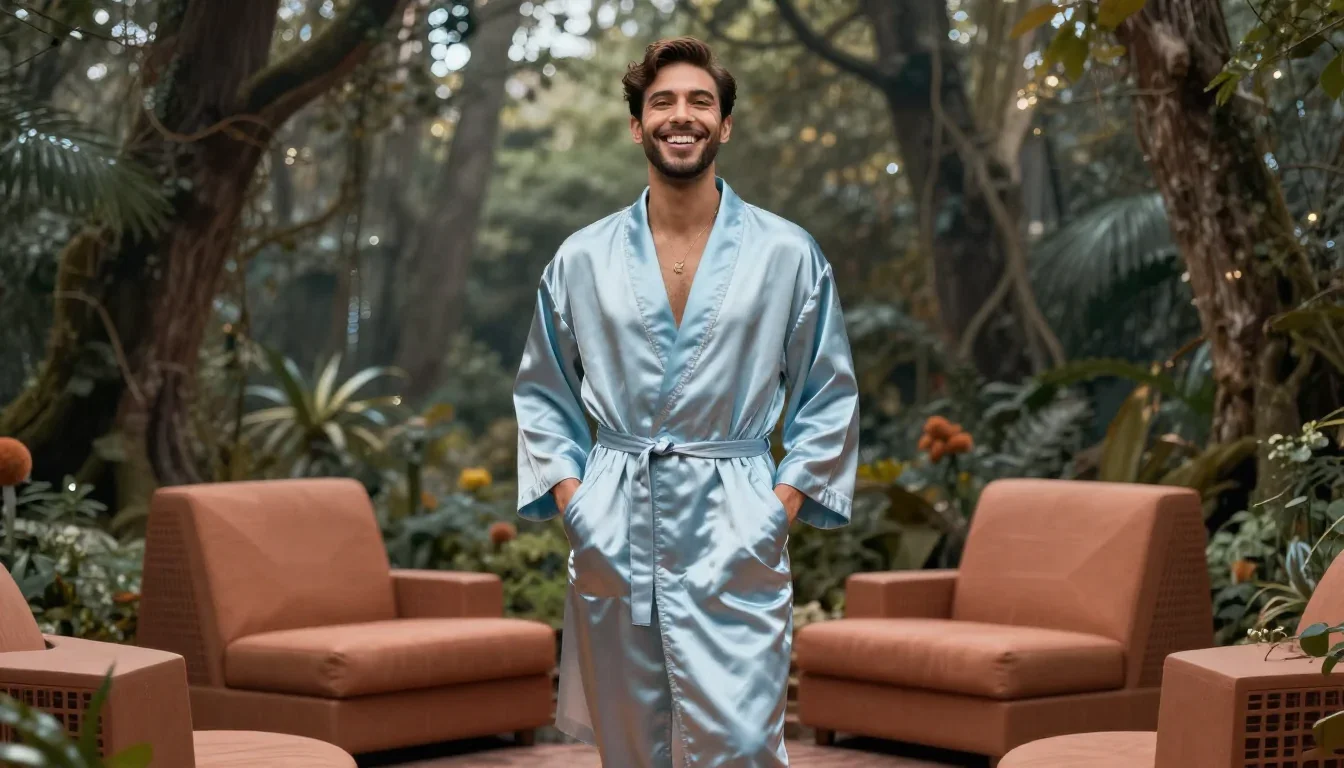a smiley lounge singer in a satin robe standing tall with hands in pockets, in a dewy forest clearing, futuristic specul