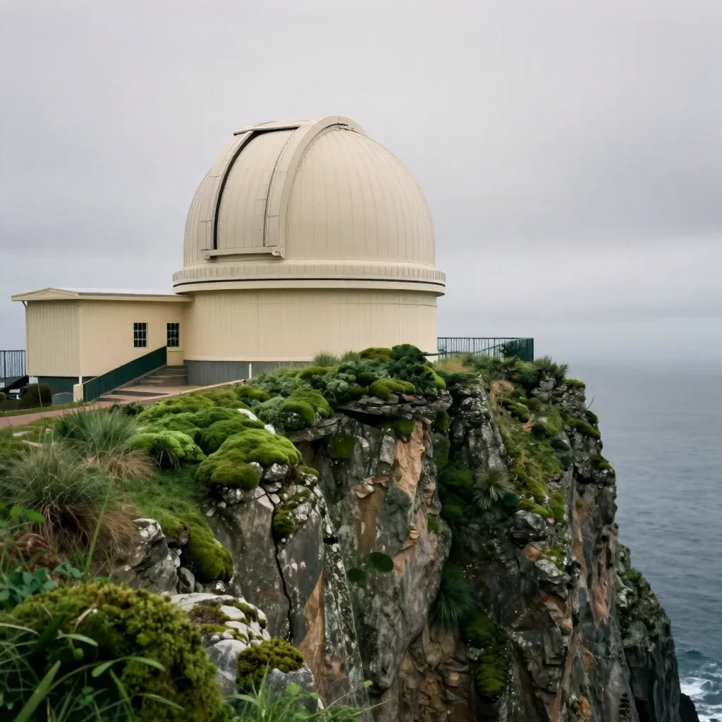 a cliffside observatory under overcast coastal light, museum-quality still-life photography, atmospheric depth, moss gre