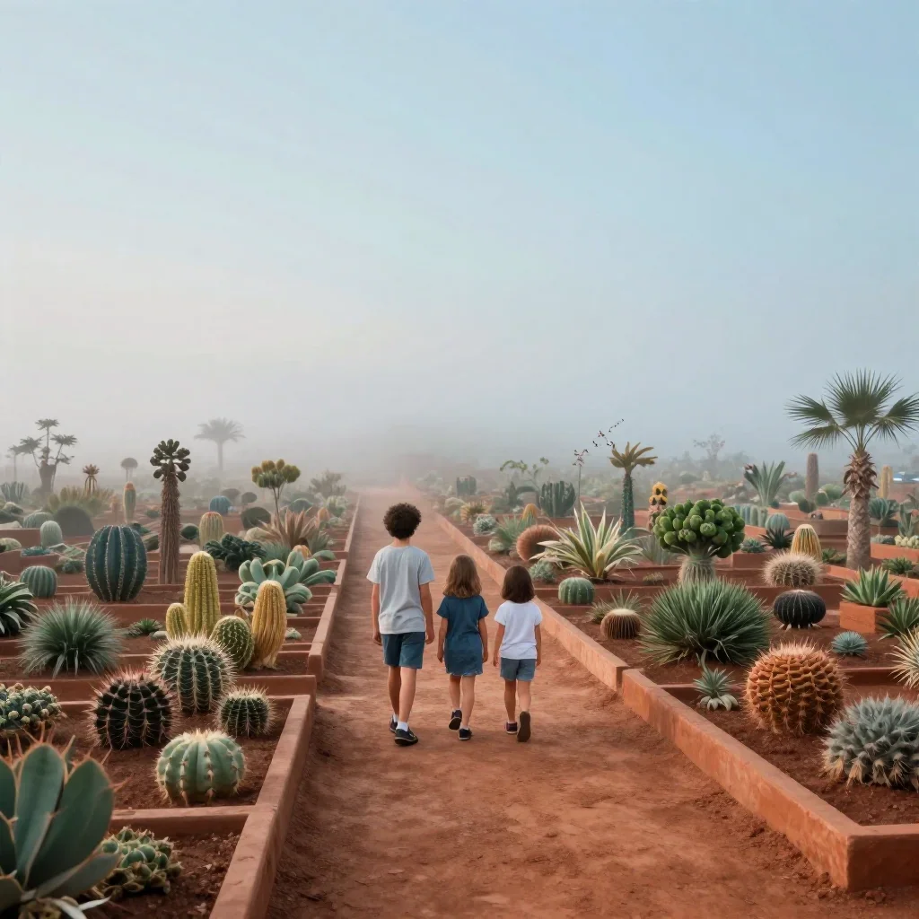 a deep-space botanical archive under soft dawn fog, refined editorial travel photography, crisp material detail, terraco