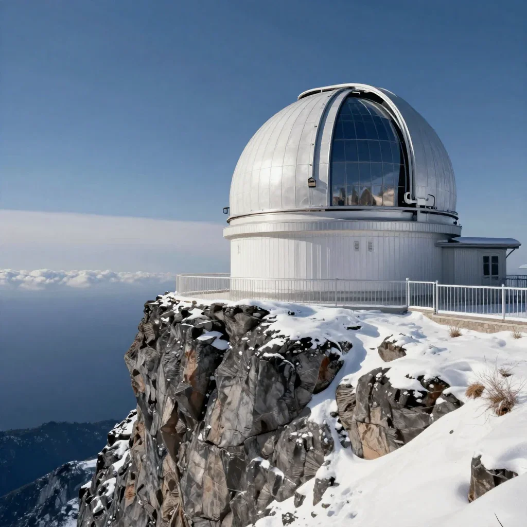 a cliffside observatory in crisp winter sunlight, quiet science-fiction concept art, restrained color harmony, indigo an