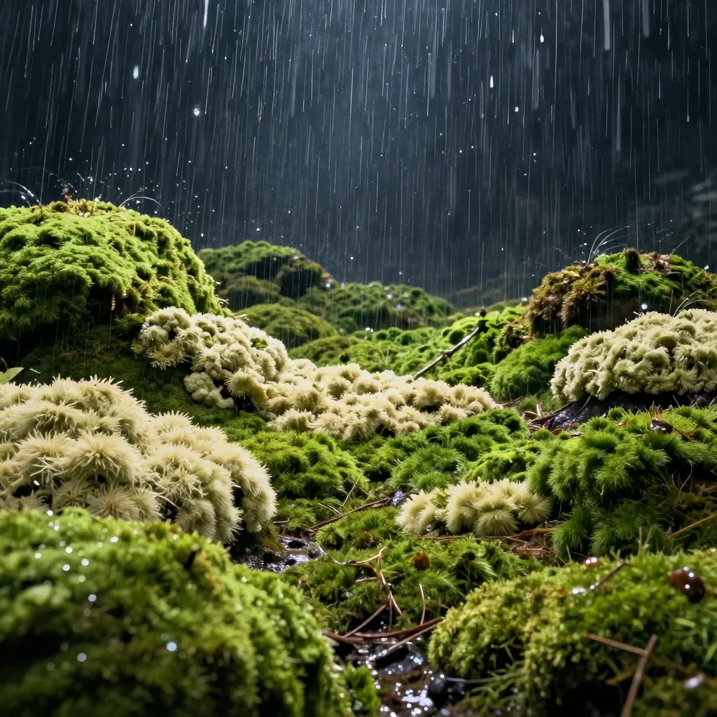 a moss garden after rain beneath a star-filled sky, quiet science-fiction concept art, crisp material detail, moss green