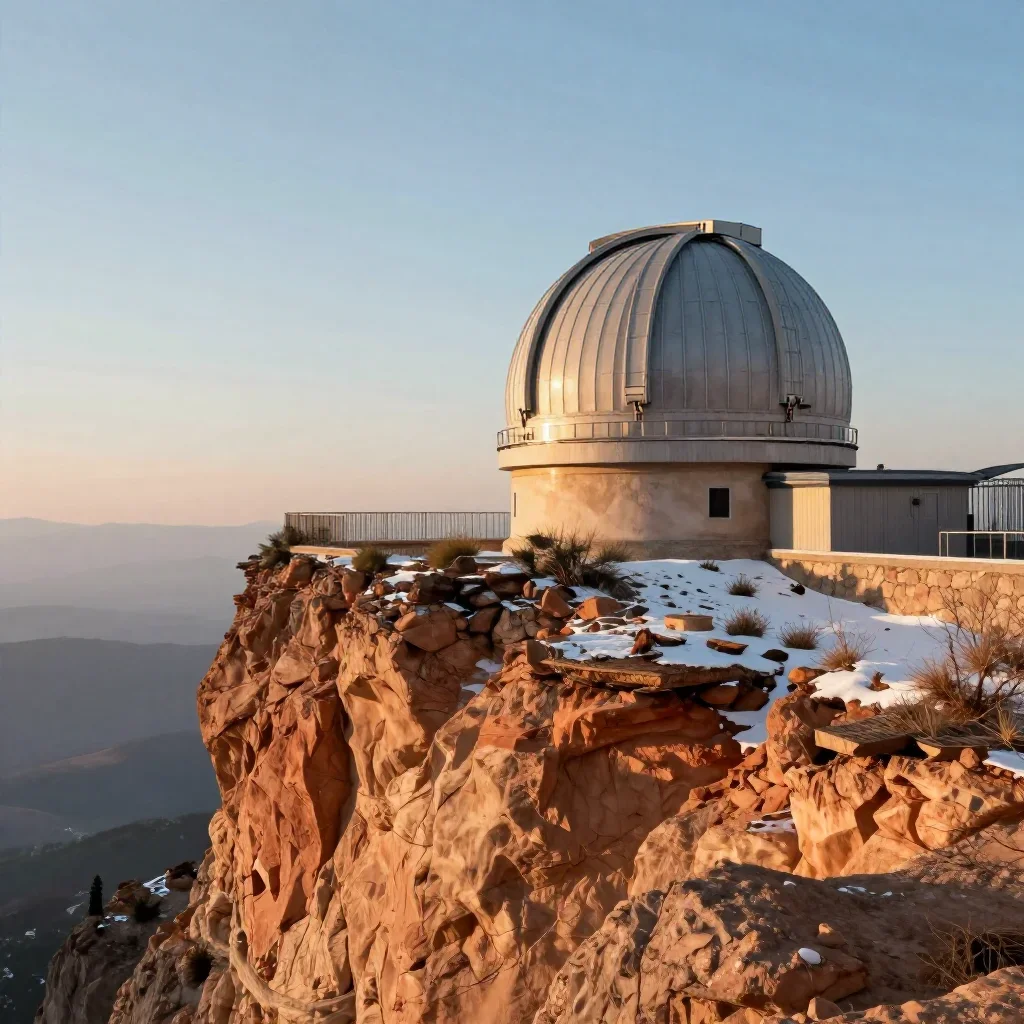 a cliffside observatory in crisp winter sunlight, dreamlike fine-art landscape photography, atmospheric depth, terracott