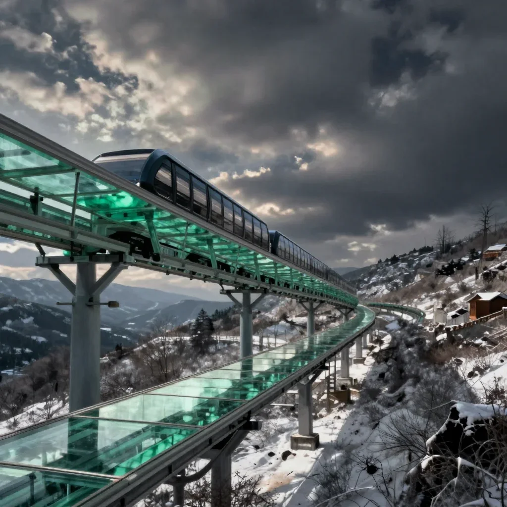 a glass monorail in crisp winter sunlight, dreamlike fine-art landscape photography, atmospheric depth, jade and charcoa