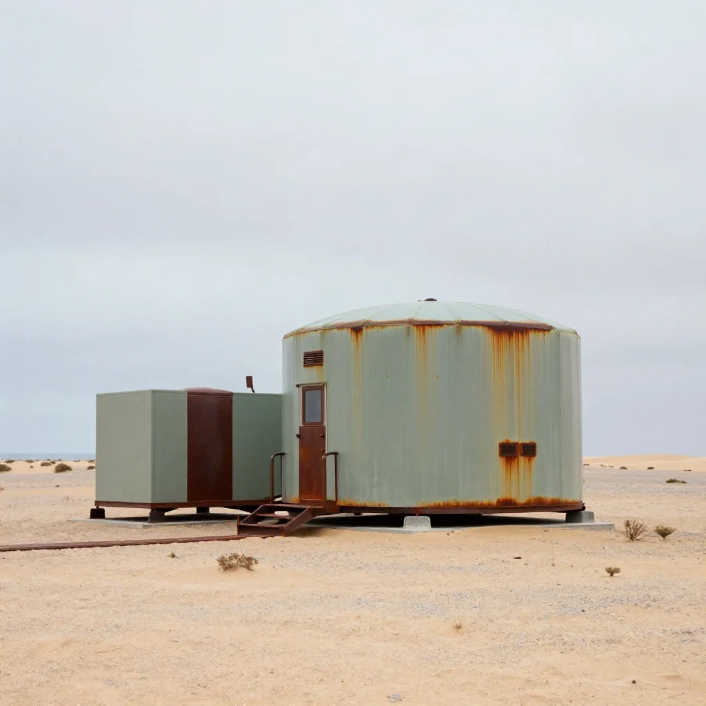 a desert research station under overcast coastal light, refined editorial travel photography, clean natural textures, ru
