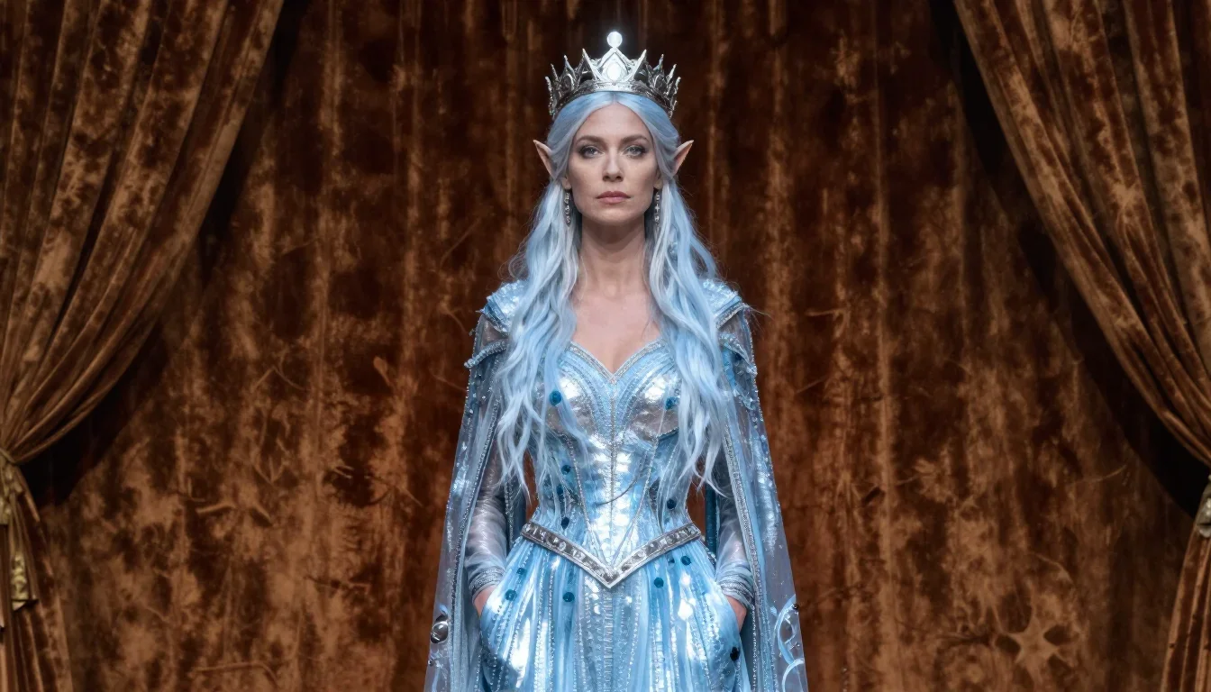 an elven queen in a moonlit silver crown standing tall with hands in pockets, in a velvet-curtained boudoir, bold Helmut
