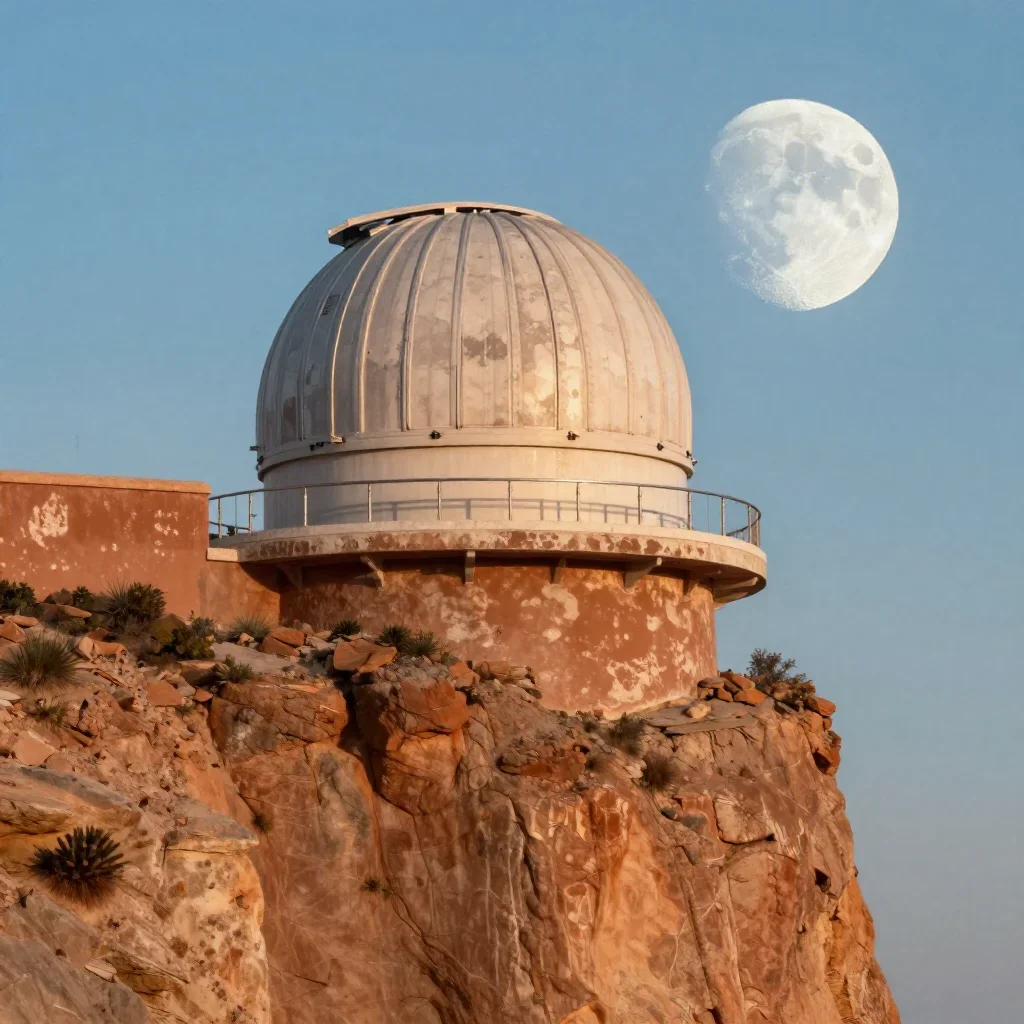 a cliffside observatory at moonrise, cinematic architectural photography, weathered tactile surfaces, terracotta and pal