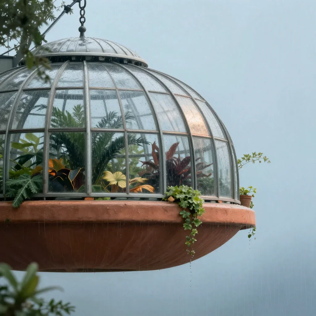 a floating botanical conservatory after warm summer rain, quiet science-fiction concept art, calm negative space, terrac