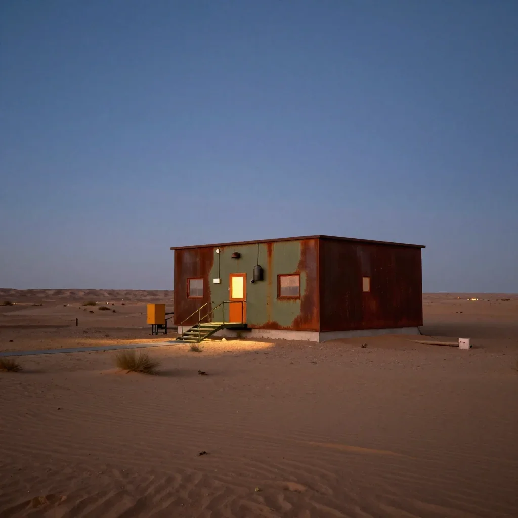 a desert research station at blue hour, refined editorial travel photography, calm negative space, rust and sage palette