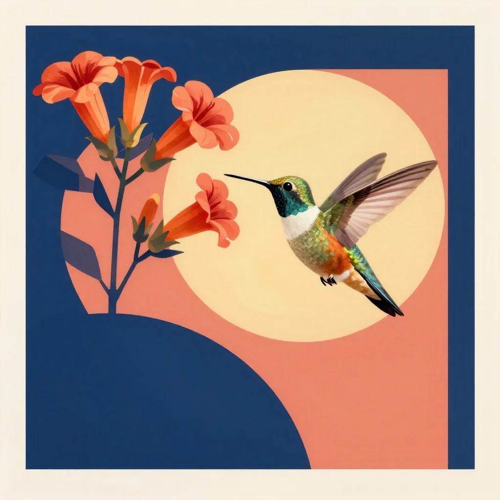 a hummingbird beside trumpet flowers during golden hour, modernist poster illustration, careful geometric composition, c
