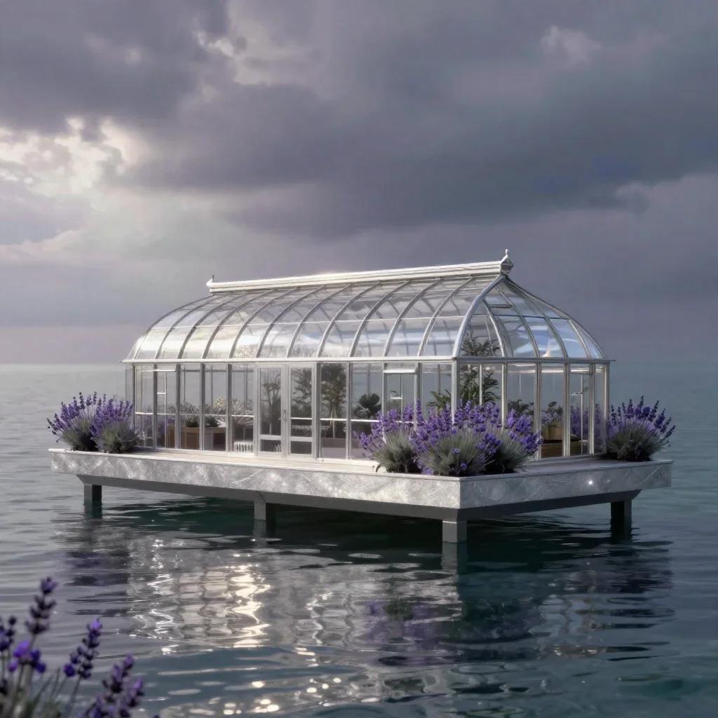 a floating botanical conservatory in a gentle sea breeze, cinematic architectural photography, calm negative space, lave