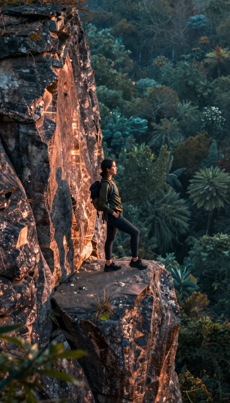 a travel influencer posing on a cliffside at golden hour in a dramatic three-quarter profile, in a dewy forest clearing,