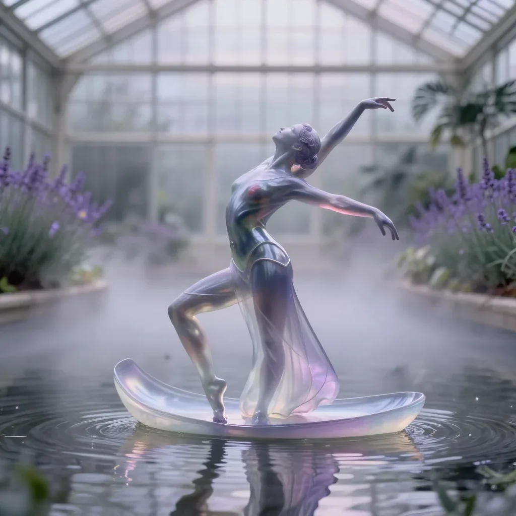 a siren at the waterline in a translucent slip in a graceful contrapposto pose, in a greenhouse humid with mist, Nationa