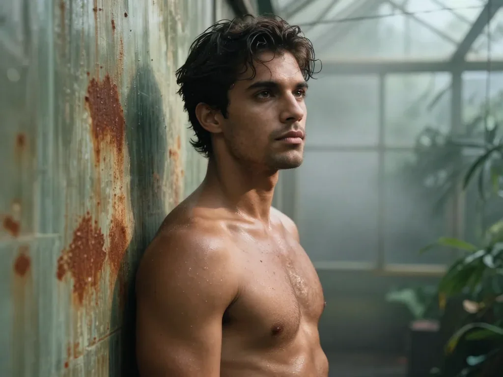 a chiseled athlete in dramatic rim light, oiled skin in a wind-swept lean against a wall, in a greenhouse humid with mis