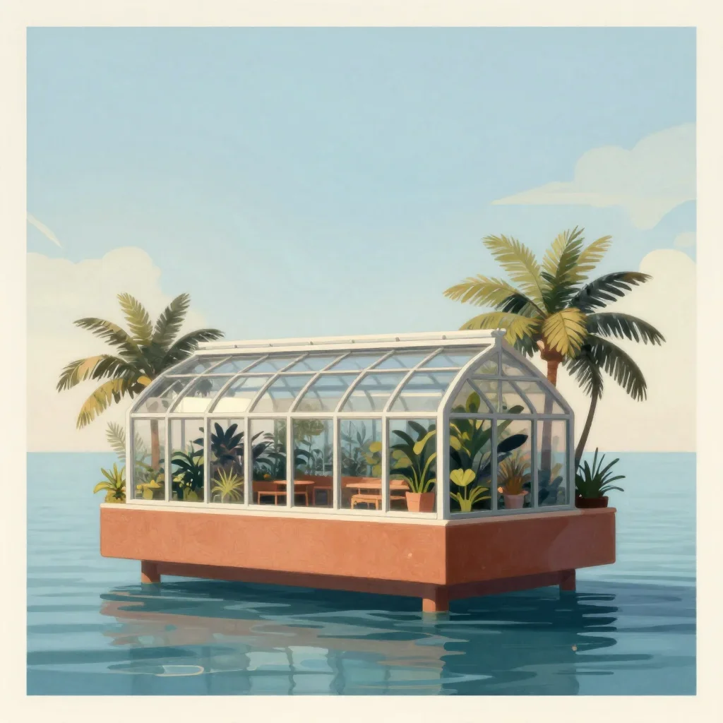 a floating botanical conservatory in a gentle sea breeze, modernist poster illustration, calm negative space, terracotta and pale sky blue palette, no people, no text, no logo, no watermark