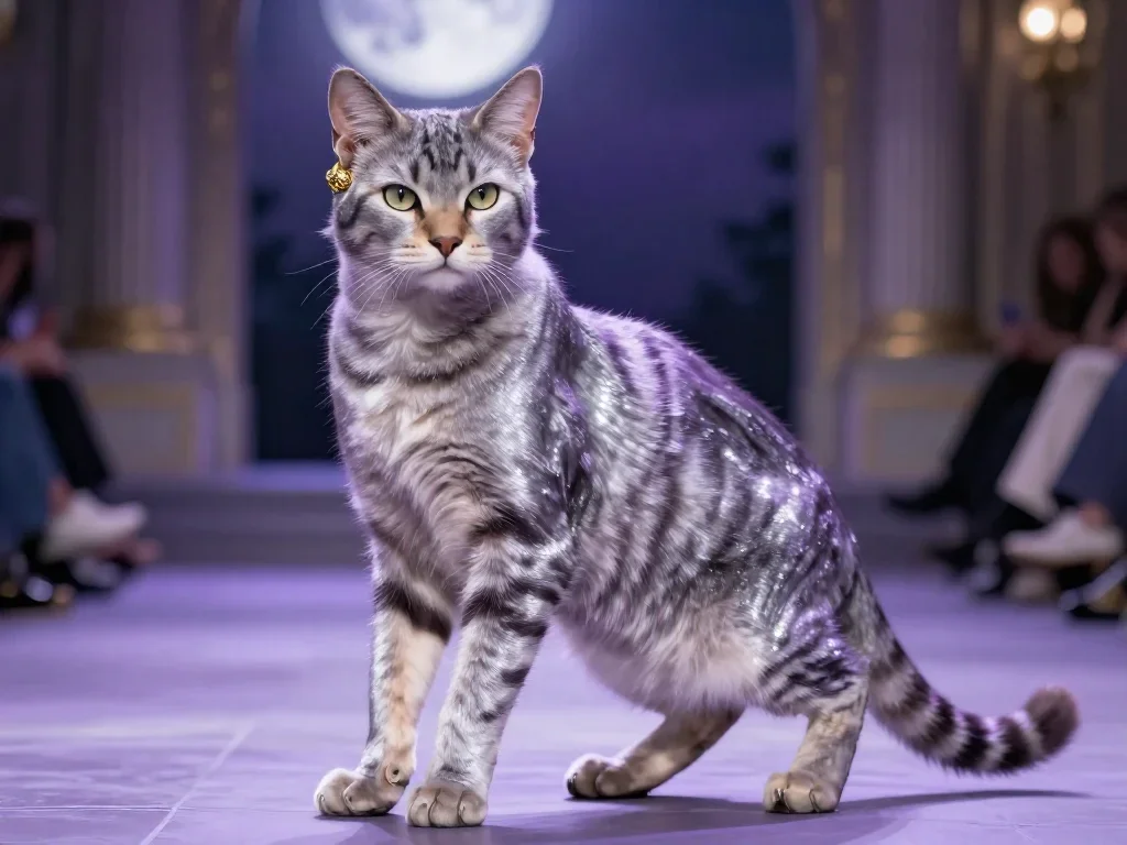 a feline-featured model with gold ear cuffs in a graceful contrapposto pose, in a moonlit palace courtyard, high-fashion