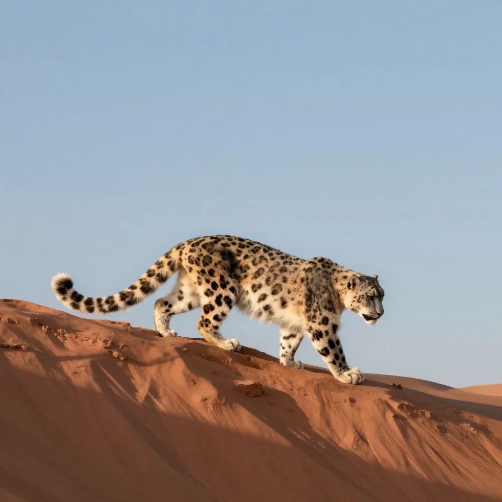 a snow leopard crossing a ridge at first light, quiet science-fiction concept art, careful geometric composition, terrac