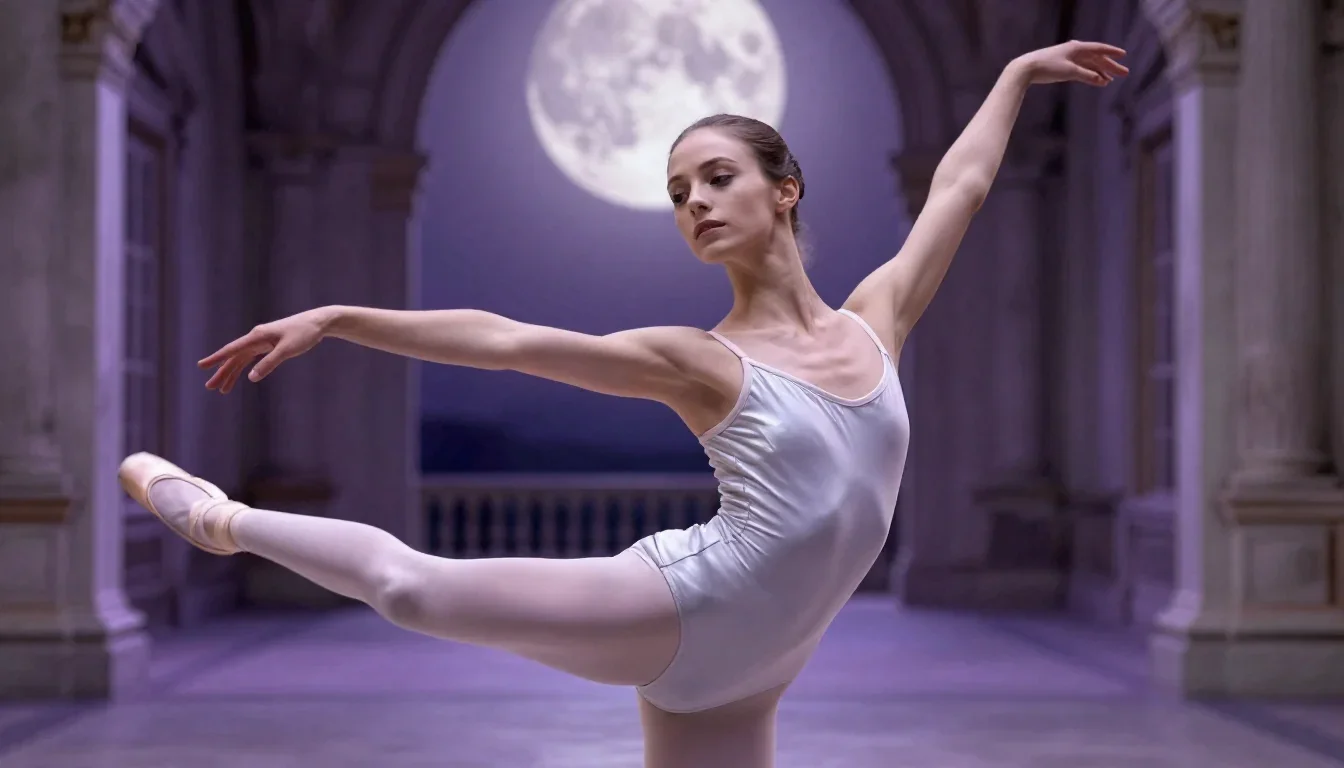 a ballet dancer in a bare-shoulder leotard, mid-extension in an alluring over-the-shoulder glance, in a moonlit palace c