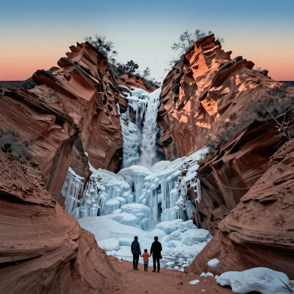 a frozen waterfall canyon at blue hour, Japanese woodblock-inspired editorial art, layered foreground framing, terracott