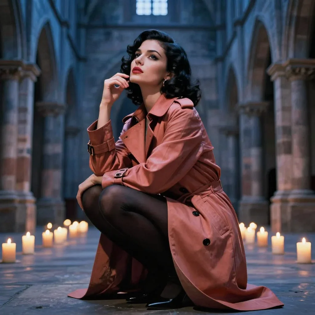 a noir detective's femme fatal muse in a trench coat in a low lunge with a lifted chin, in a candle-lit cathedral ruin, 