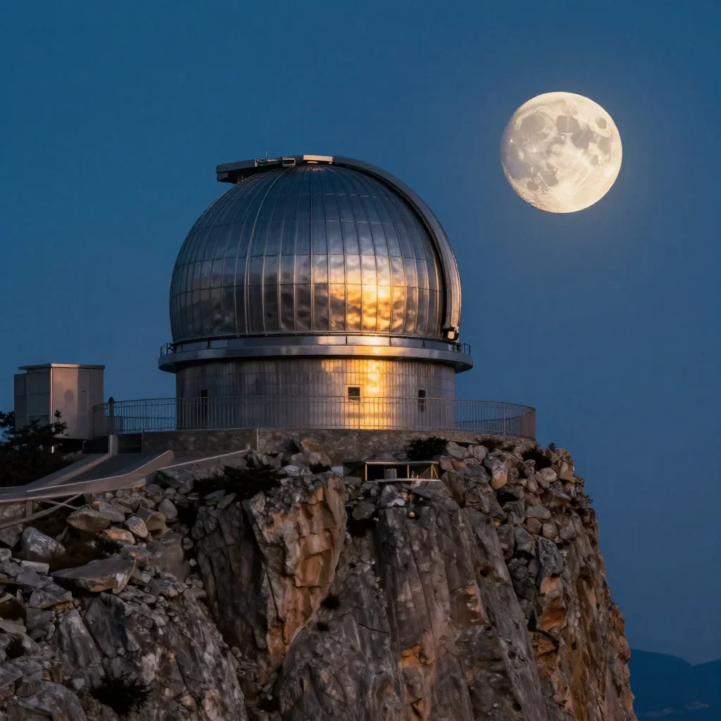 a cliffside observatory at moonrise, cinematic architectural photography, gentle reflected light, cobalt and amber palet