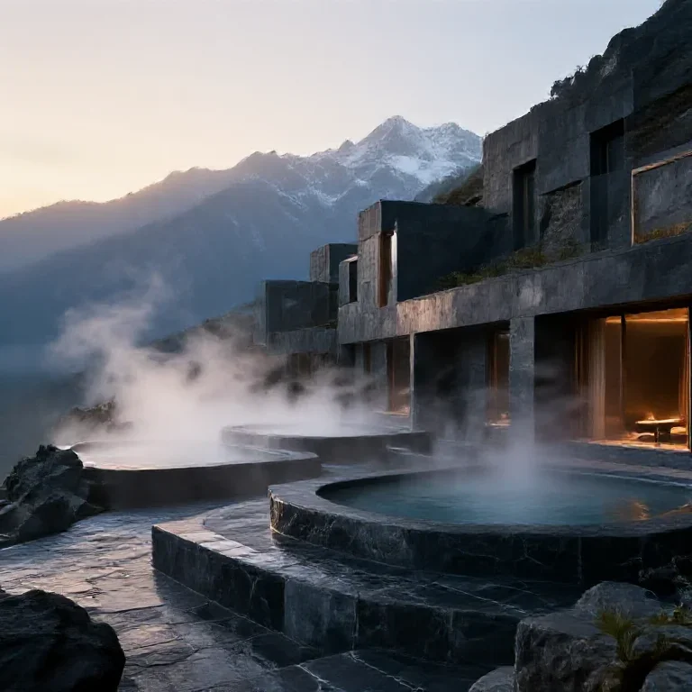 Brutalist mountain spa at sunrise, steam rolling over black stone pools, cinematic wide-angle architecture, no people, n
