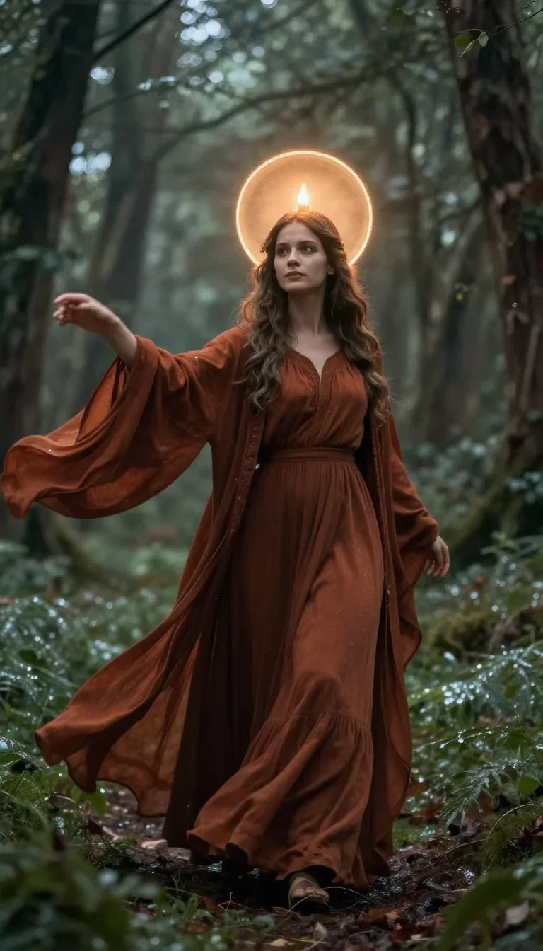 a celestial priestess with haloed candlelight mid-turn with fabric catching the light, in a dewy forest clearing, cinema