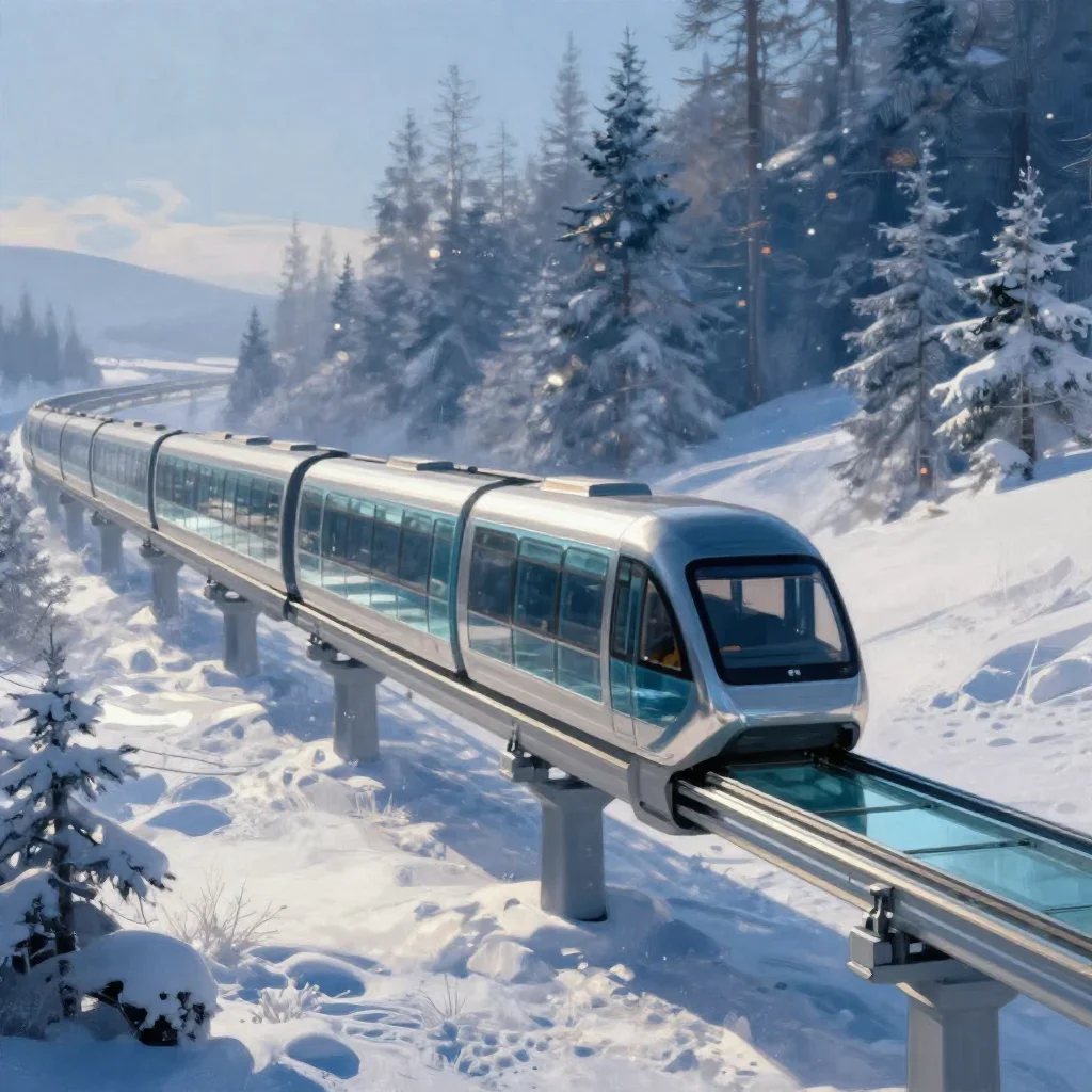 a glass monorail in crisp winter sunlight, quiet science-fiction concept art, restrained color harmony, indigo and pearl