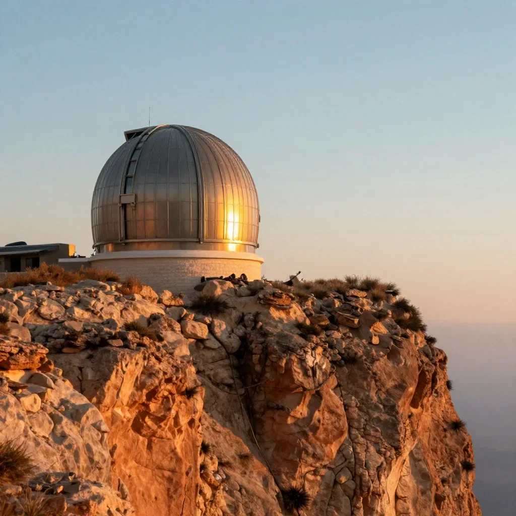 a cliffside observatory during golden hour, refined editorial travel photography, soft volumetric light, terracotta and