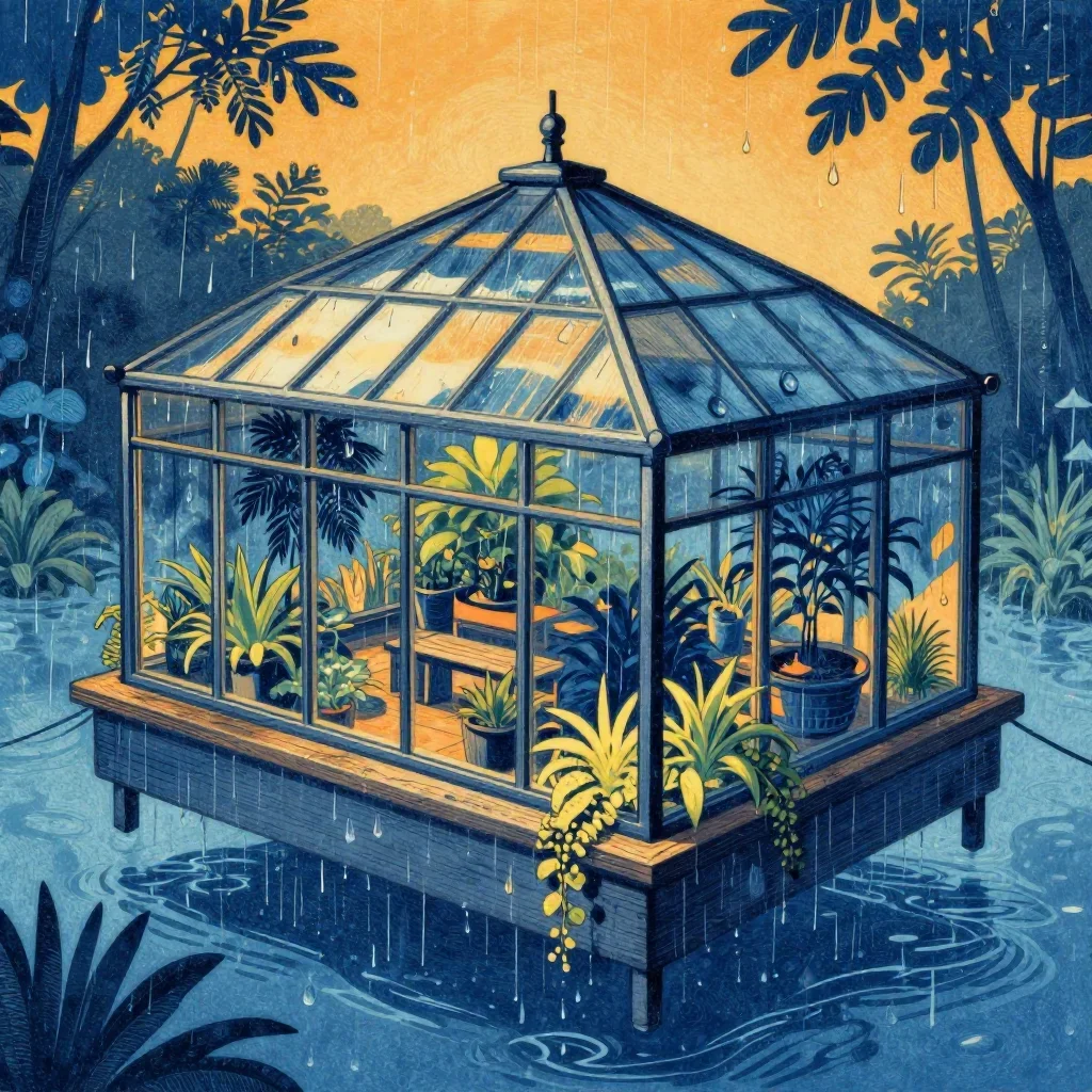 a floating botanical conservatory after warm summer rain, Japanese woodblock-inspired editorial art, atmospheric depth,