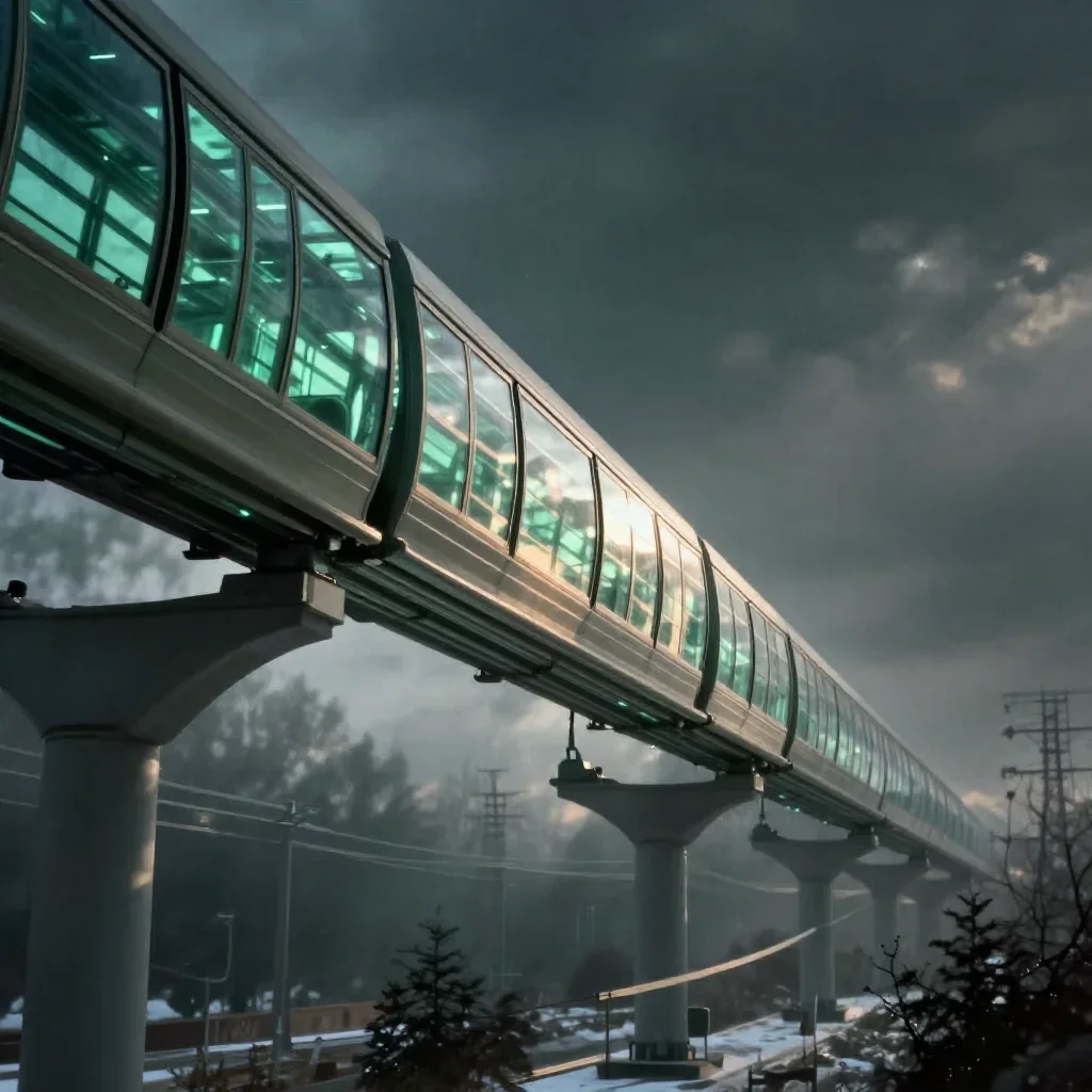 a glass monorail in crisp winter sunlight, cinematic architectural photography, atmospheric depth, jade and charcoal pal